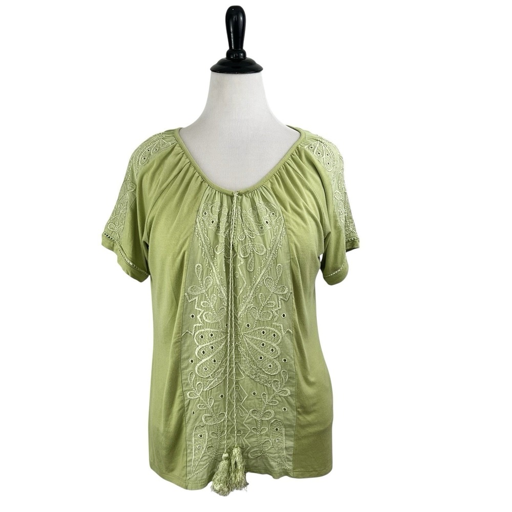 SUNDANCE Embroidered Eyelet Top M Tunic Tassels Boho Artsy Jersey Knit Green
